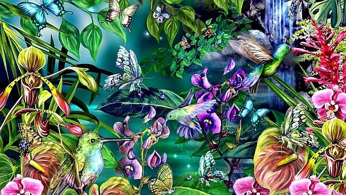 ptaki,motyle,trawa,kwiaty puzzle online