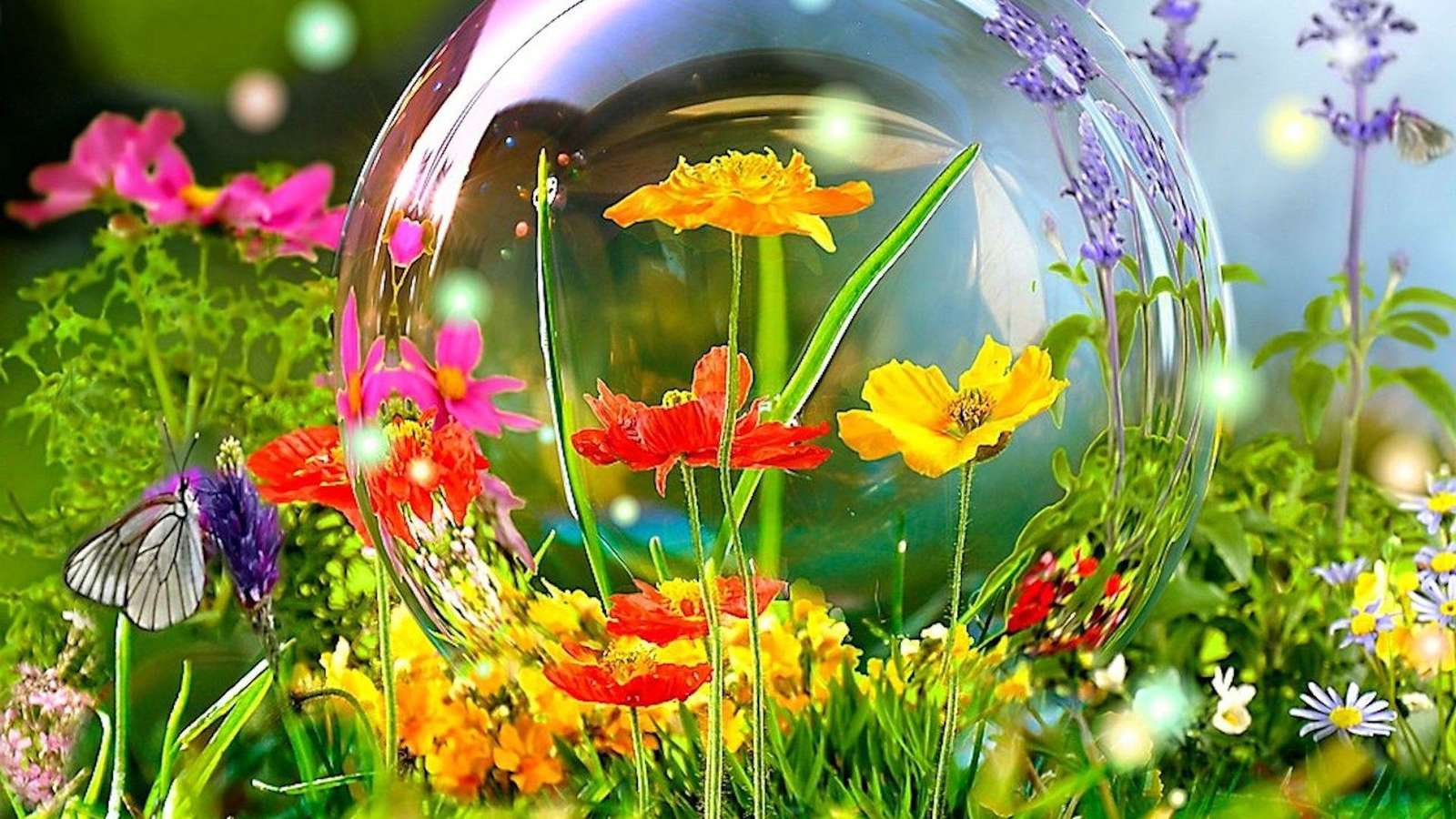 Kwiaty, kwiatki i szklana kula puzzle online