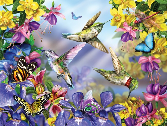 Motyle i kolibry wśród kwiatów puzzle online