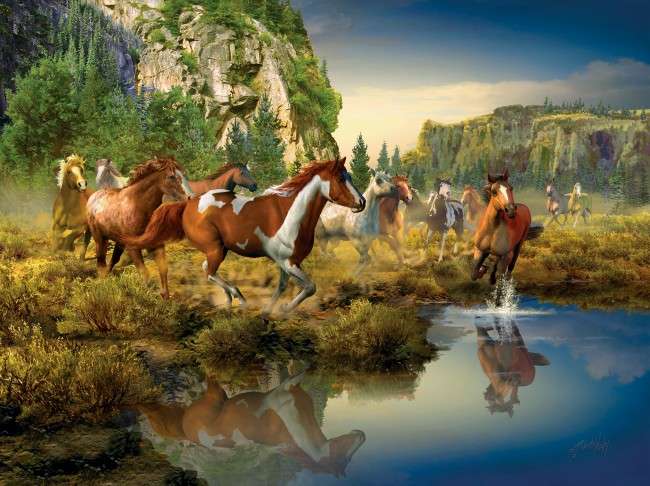 Stado koni w dolinie górskiej puzzle online