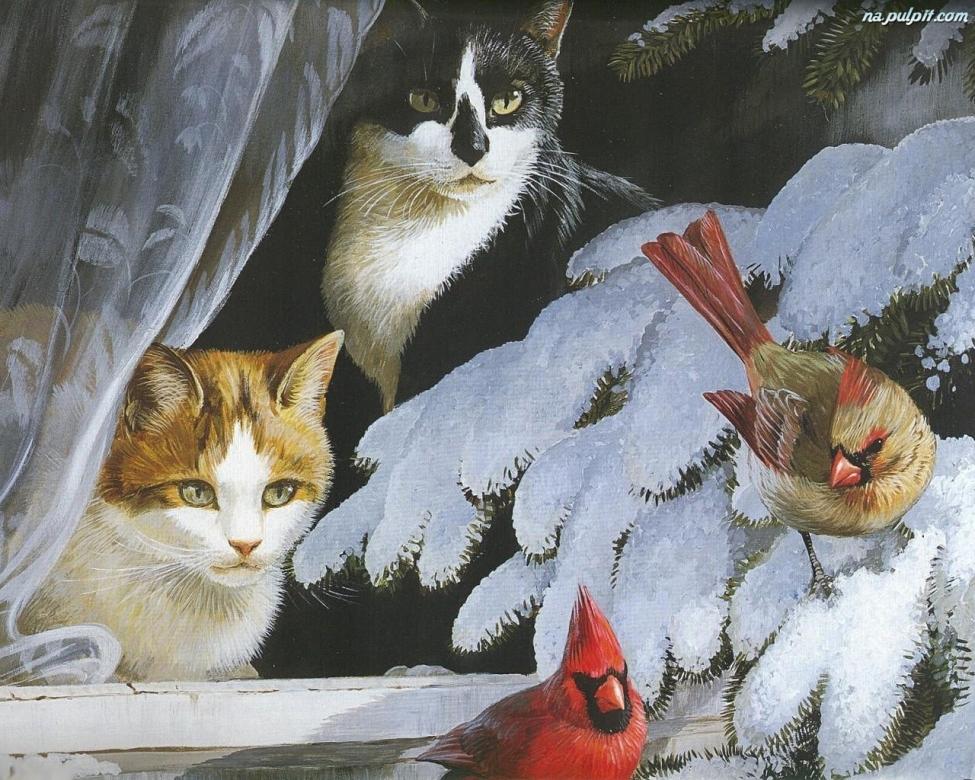 Dwa koty i dwa ptaki. puzzle online