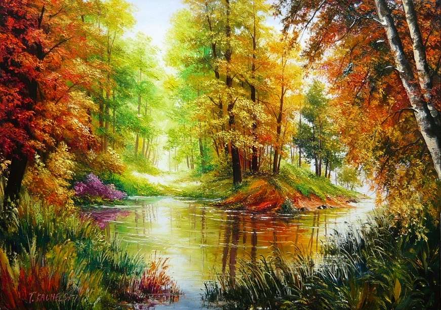 Jesienny pejzaż z rzeką, liście jesienne, jesienne puzzle online
