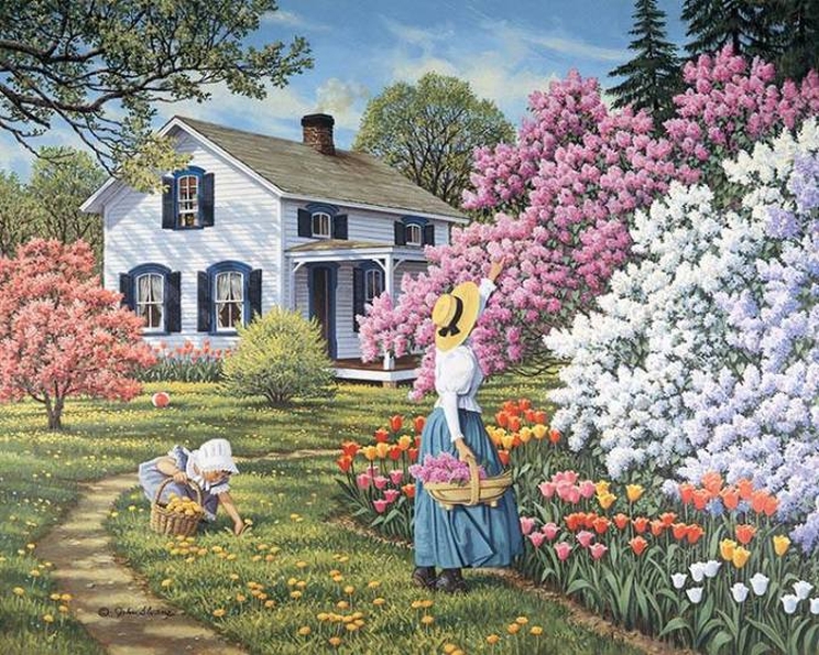 wiosna w ogrodzie - wiosna w ogrodzie , kwitnące bzy , dom, ogród (10×9)