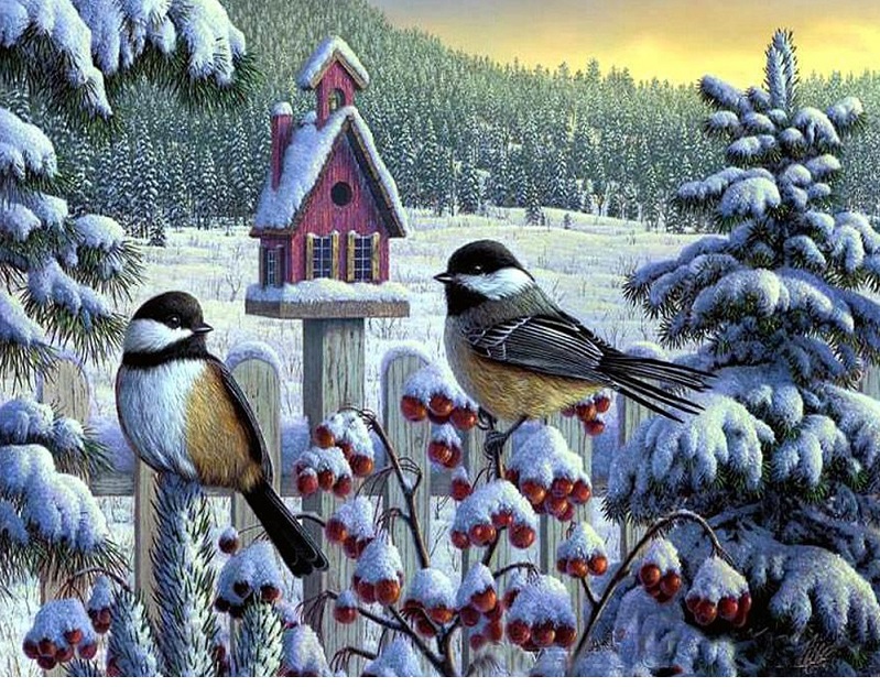 Ptaki w zimowym krajobrazie. puzzle online