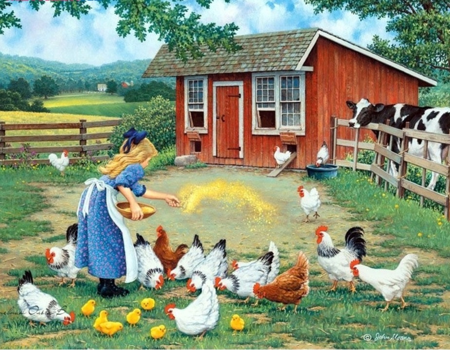 Dziewczynka karmiąca kury. puzzle online