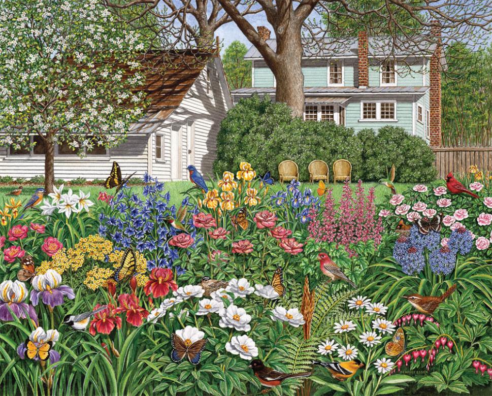 Malowane kwiaty w ogrodzie. puzzle online