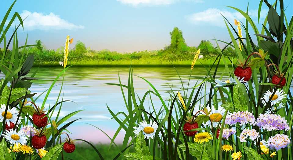 Pejzaż z kwiatami nad jeziorem puzzle online