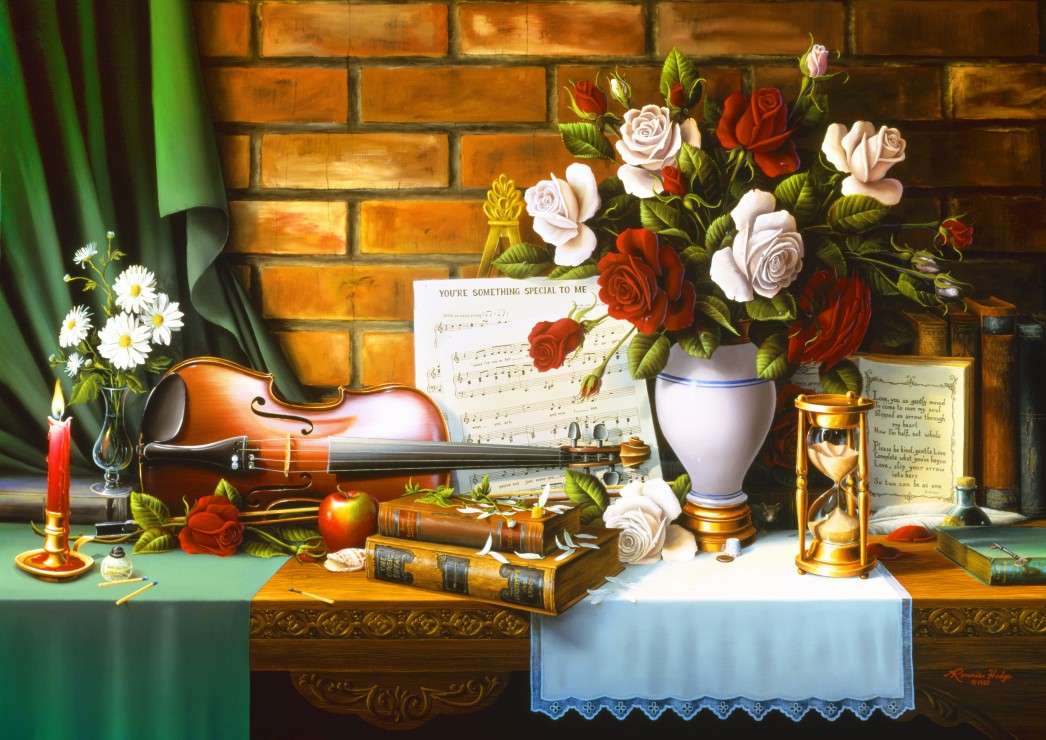 Pokój muzyka, białe róże w wazonie puzzle online