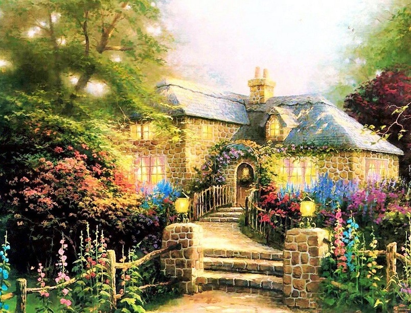 Malowany domek z ogródkiem. puzzle online