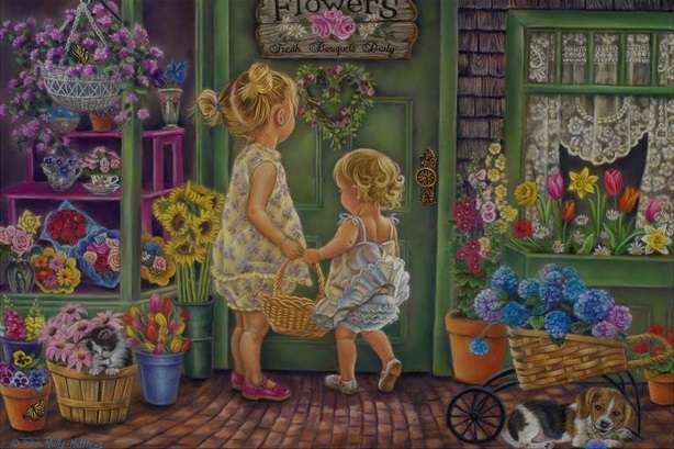 Dzieci przed kwiaciarnią. puzzle online