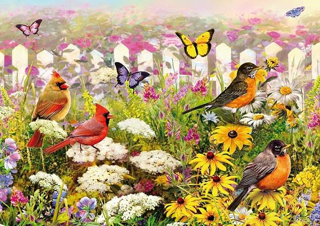 Kwiaty, ptaki i motyle. puzzle online