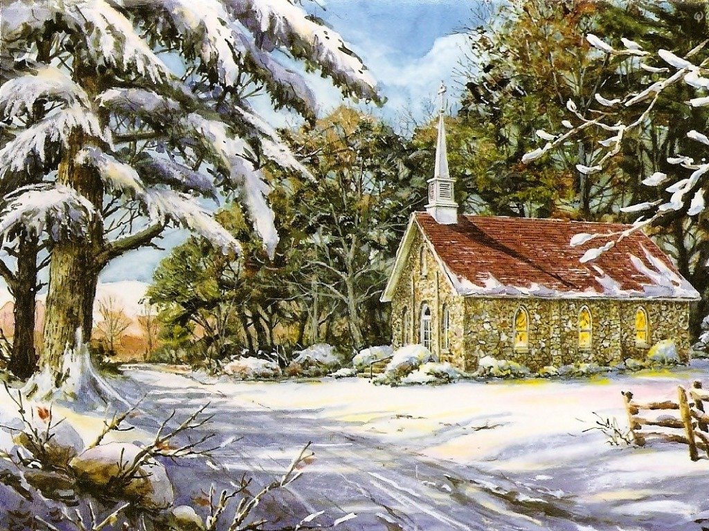 Kościółek w śnieżnej scenerii puzzle online