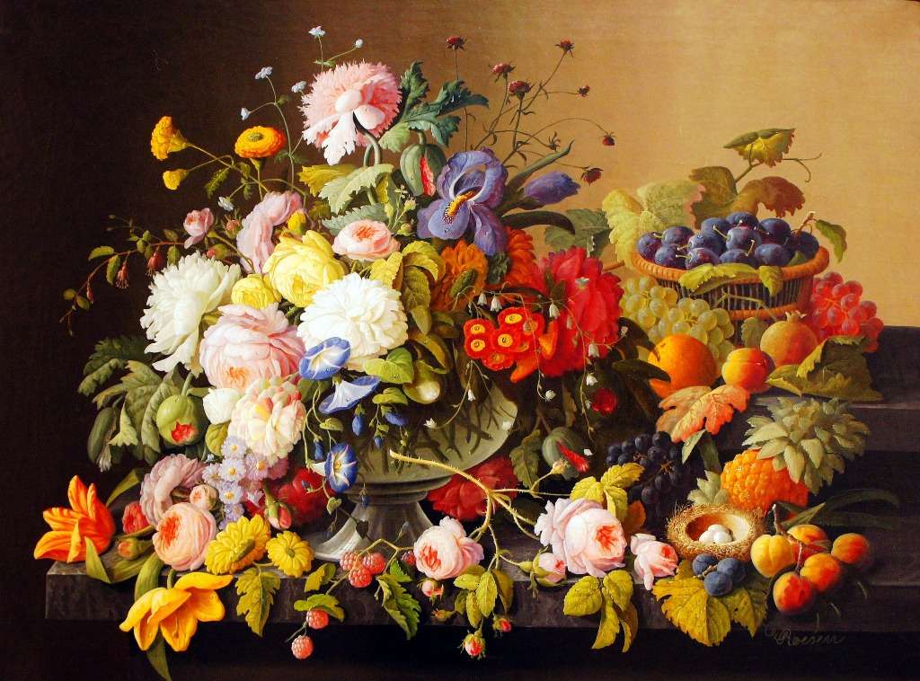 Malowane kwiaty i owoce. puzzle online