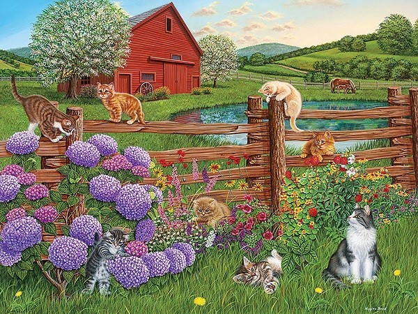 Wiejski krajobraz z kotami. puzzle online