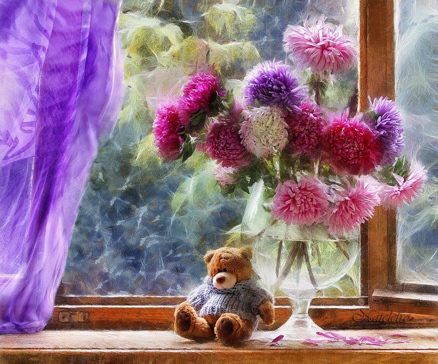 kwiaty okno miś puzzle online