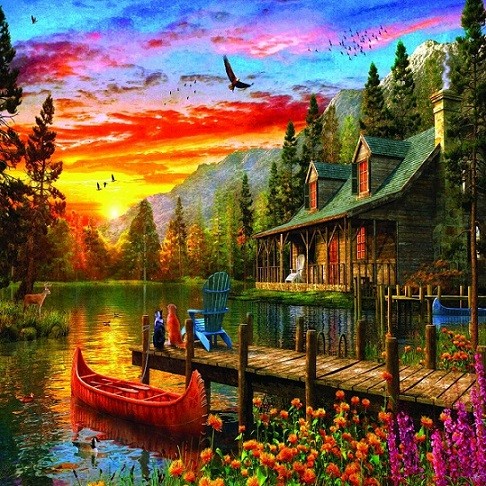 Zachód słońca za jeziorem. puzzle online
