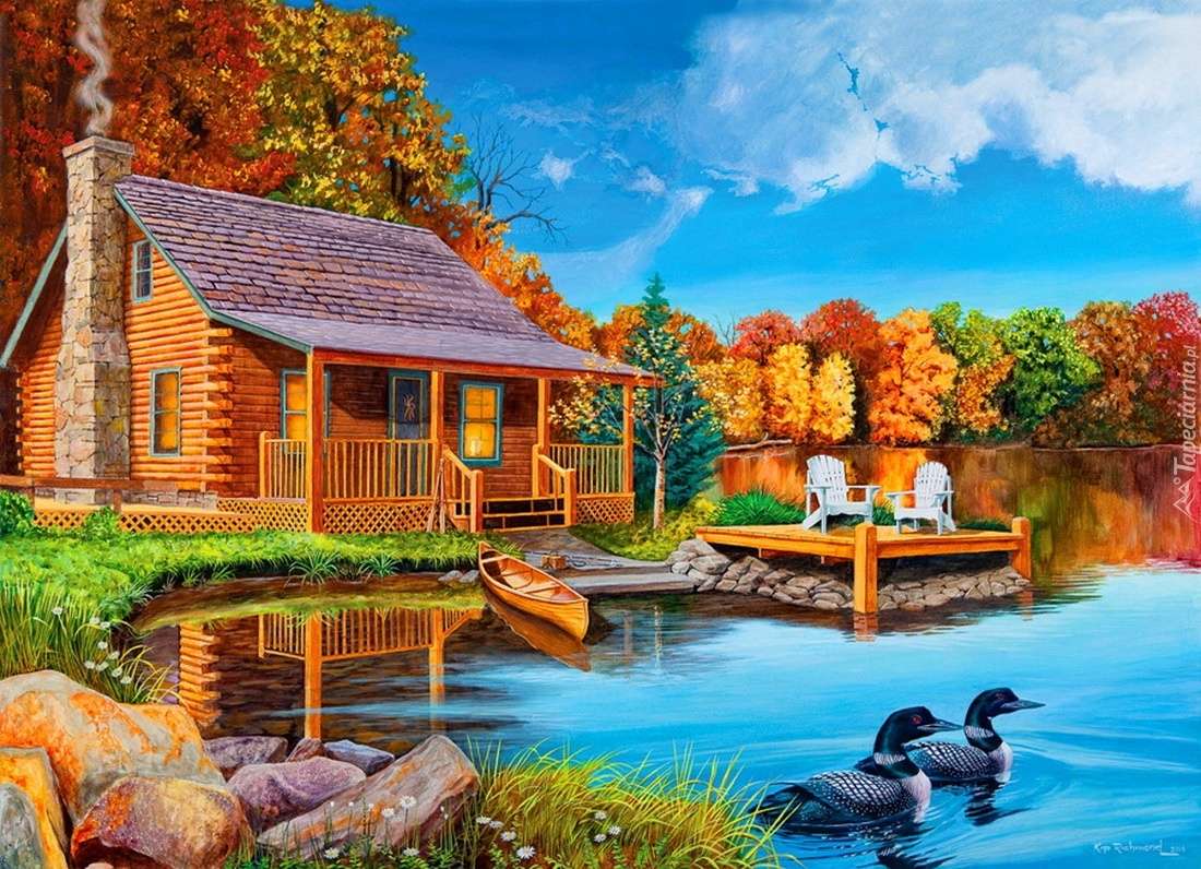 Domek jezioro las pomost łódka kaczki puzzle online