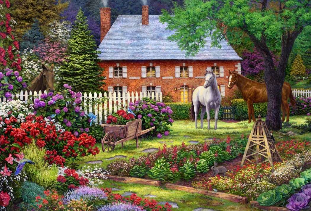 Domek z ogrodem kwiatowym i konie puzzle online