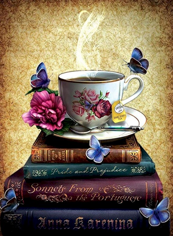 Filiżanka z gorącą herbatą na książkach puzzle online