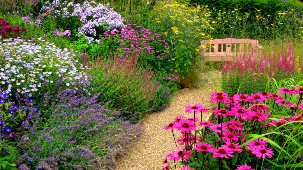 Ogród, kwiaty,Ławka puzzle online