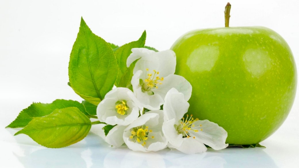 Zielone jabłko, białe kwiatki puzzle online