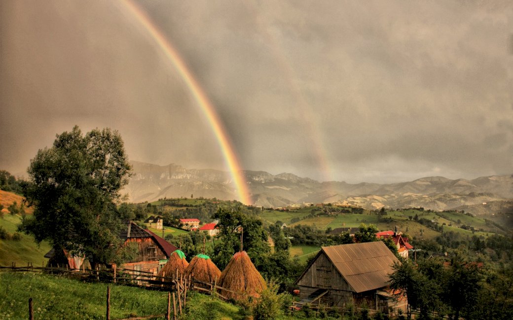 houses, clouds, rainbow, landscape puzzle online