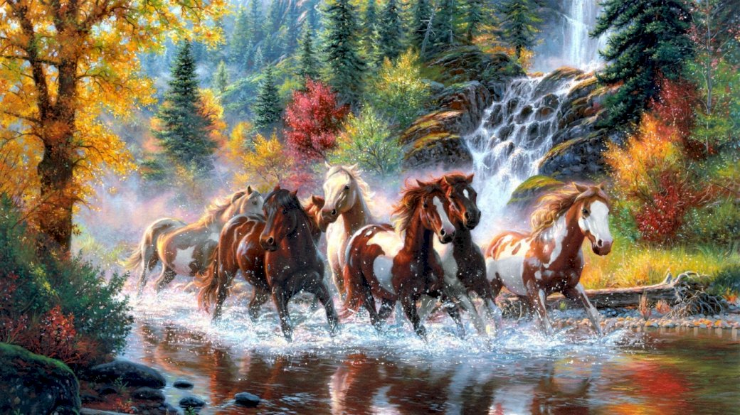 Konie, Rzeka, Drzewa puzzle online