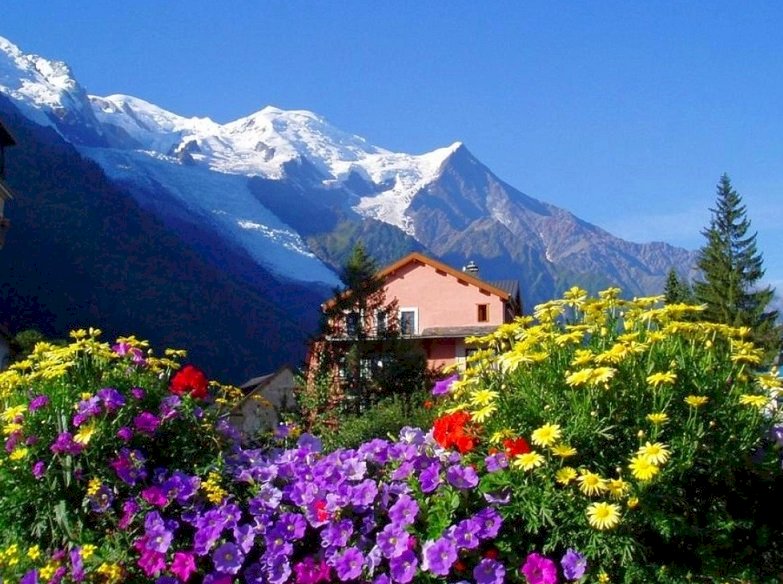 Dom, kwiaty, góry. puzzle online