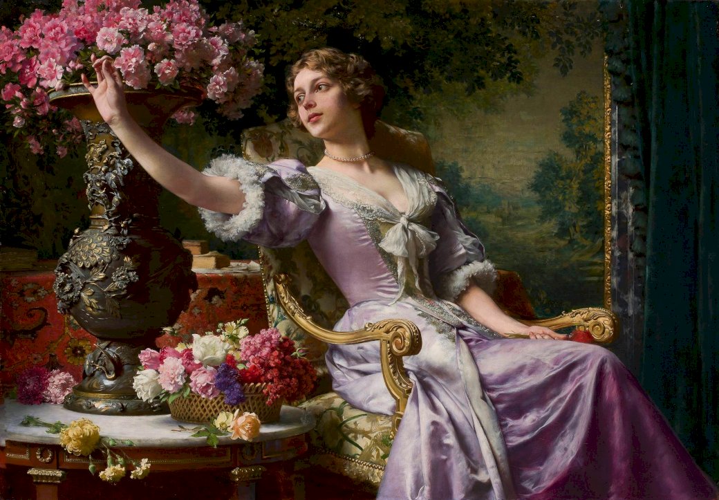 Dama w liliowej sukni z kwiatami puzzle online