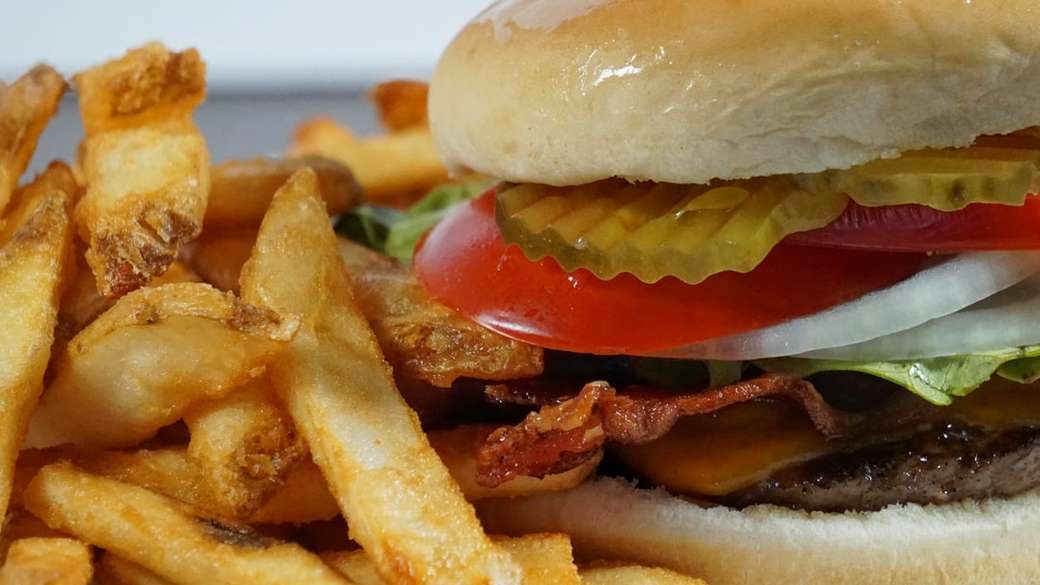 burger z frytkami i sosem pomidorowym puzzle online