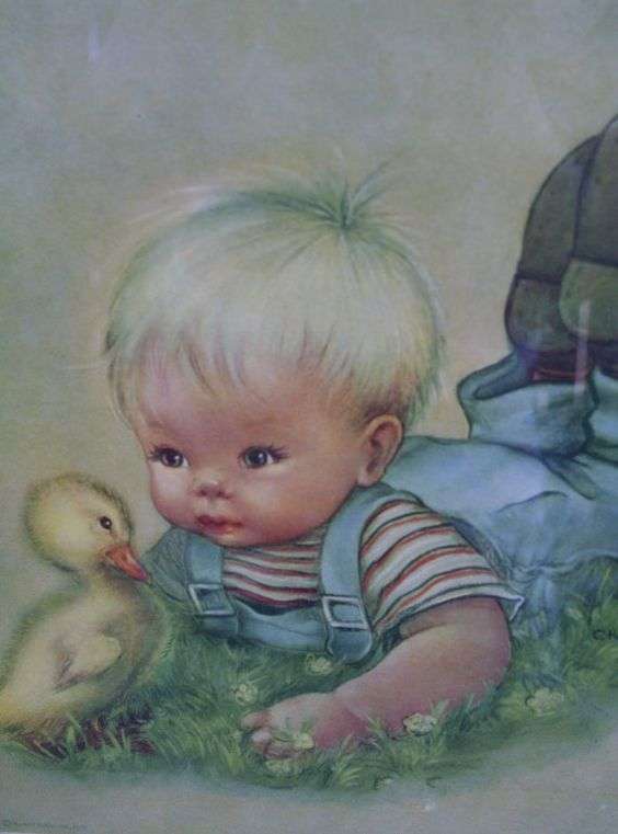 Chłopiec i kaczka w trawie vintage puzzle online