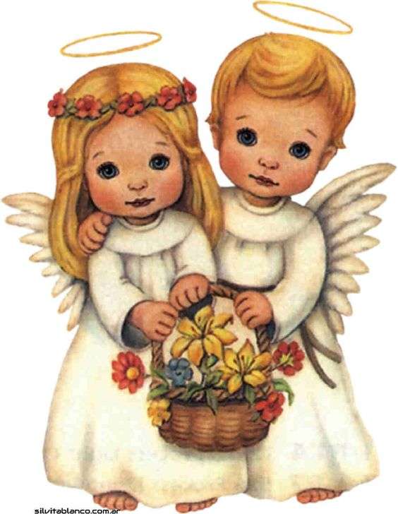 Małe anioły z koszem kwiatów puzzle online