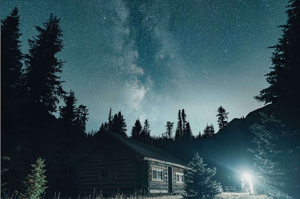 biały i brązowy dom w pobliżu drzew w gwiaździstą noc puzzle online