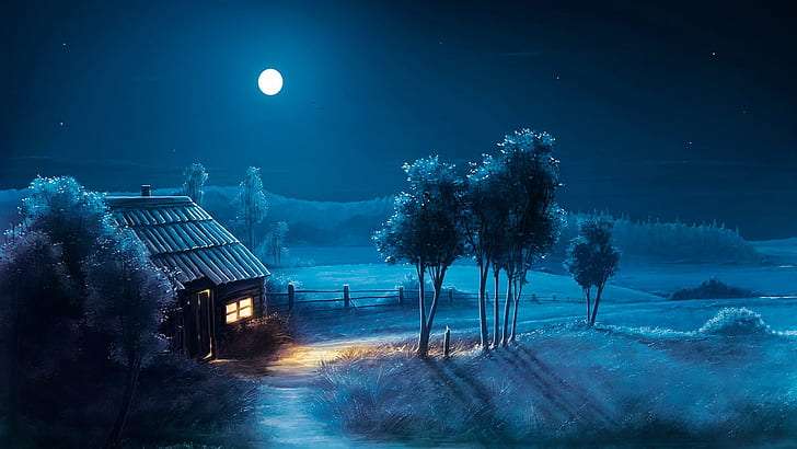 Niebieski, dom, pełnia księżyca puzzle online