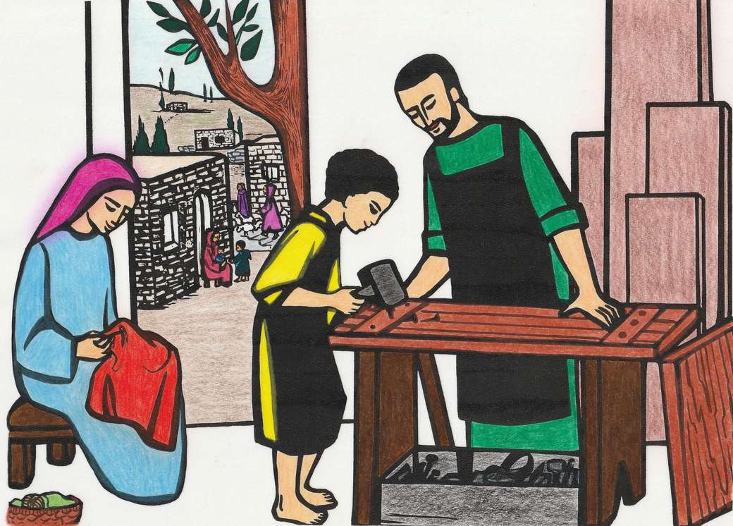Dla dzieci: Jezus uczy się od swojego ojca Józefa puzzle online