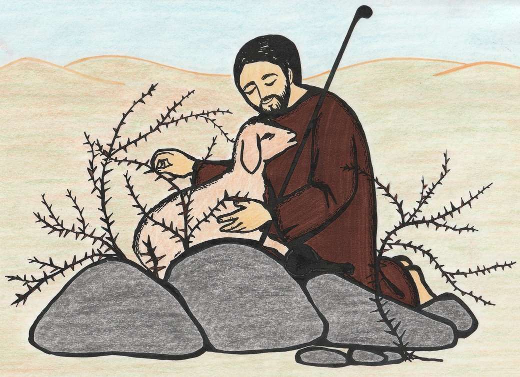 Dla dzieci: Jezus opiekuje się rannymi owcami puzzle online