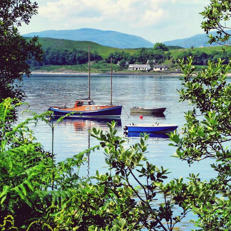 brązowa łódź na jeziorze w pobliżu zielonych drzew w ciągu dnia puzzle online