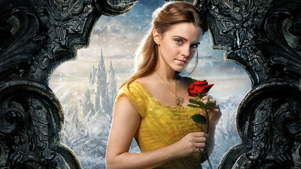 Emma Watson cu un trandafir ca Bella de la Beauty și Bes puzzle