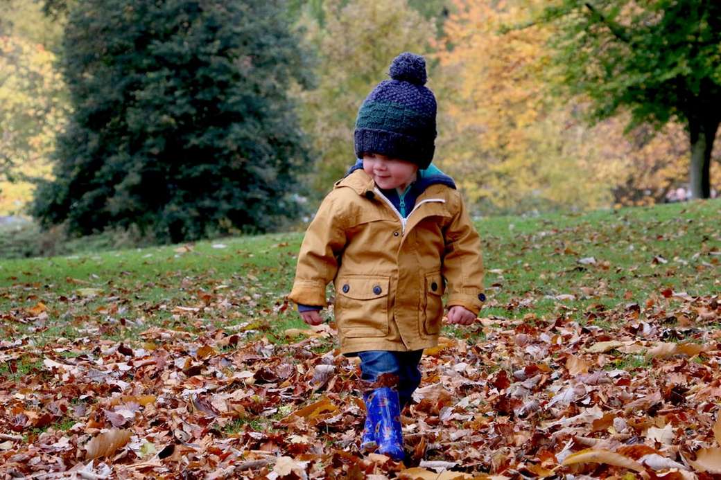 Criança caminhando pelas folhas quebra-cabeça