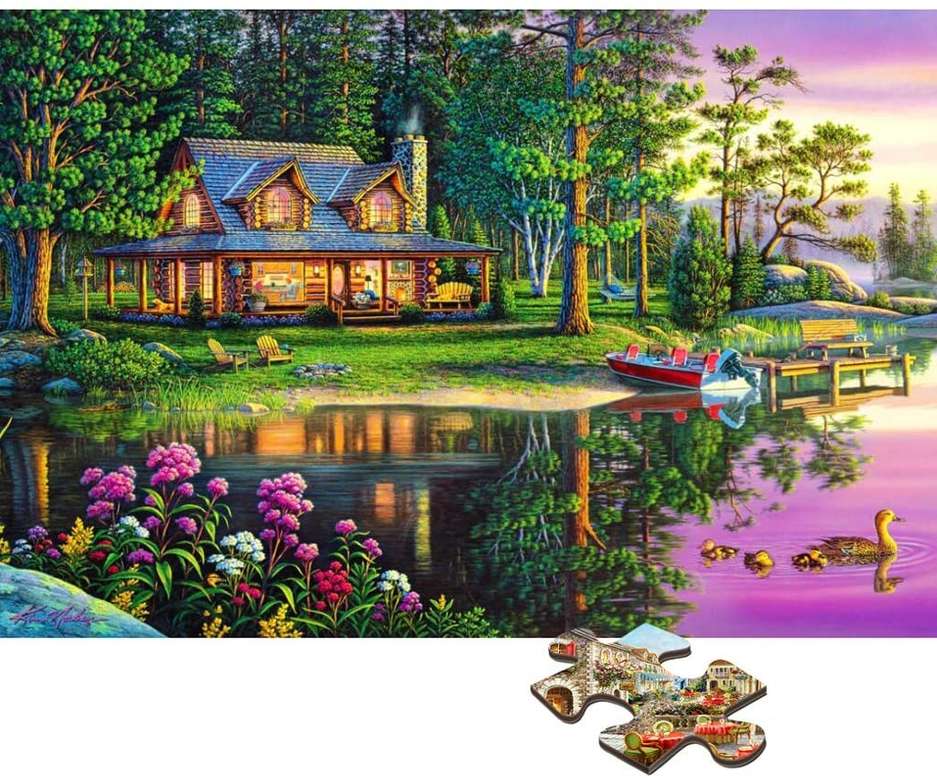 Dom nad jeziorem w lesie puzzle online