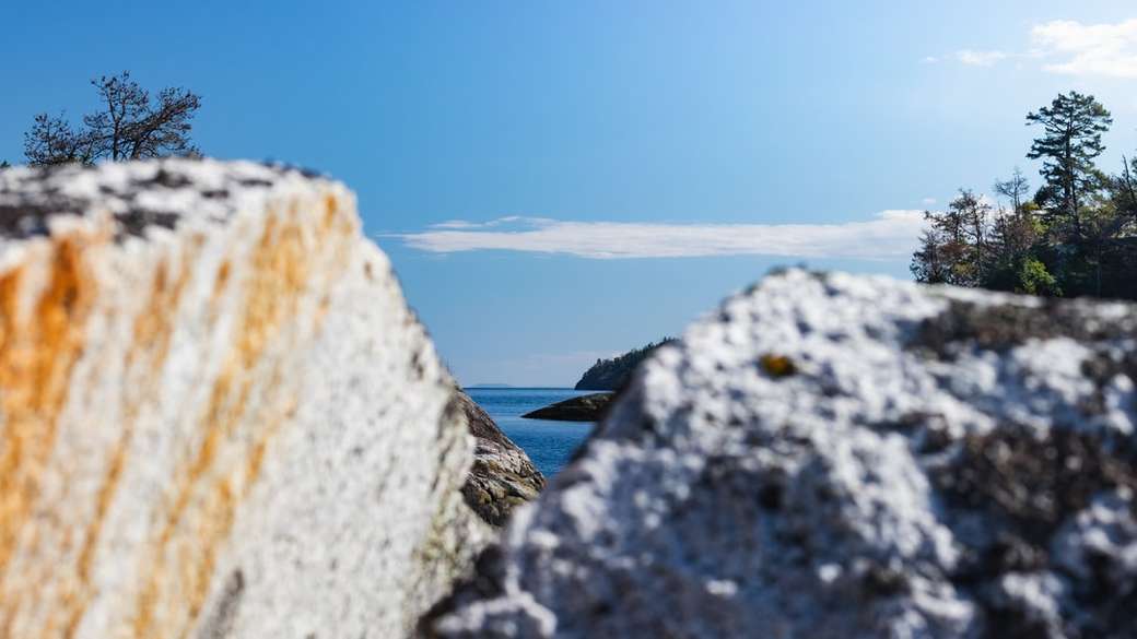 biało-brązowa formacja skalna w pobliżu zbiornika wodnego w ciągu dnia puzzle online