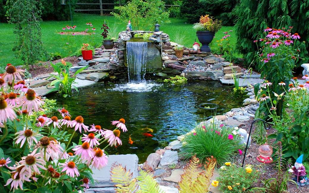 ogród, oczko wodne z kaskadą, kwiaty puzzle online