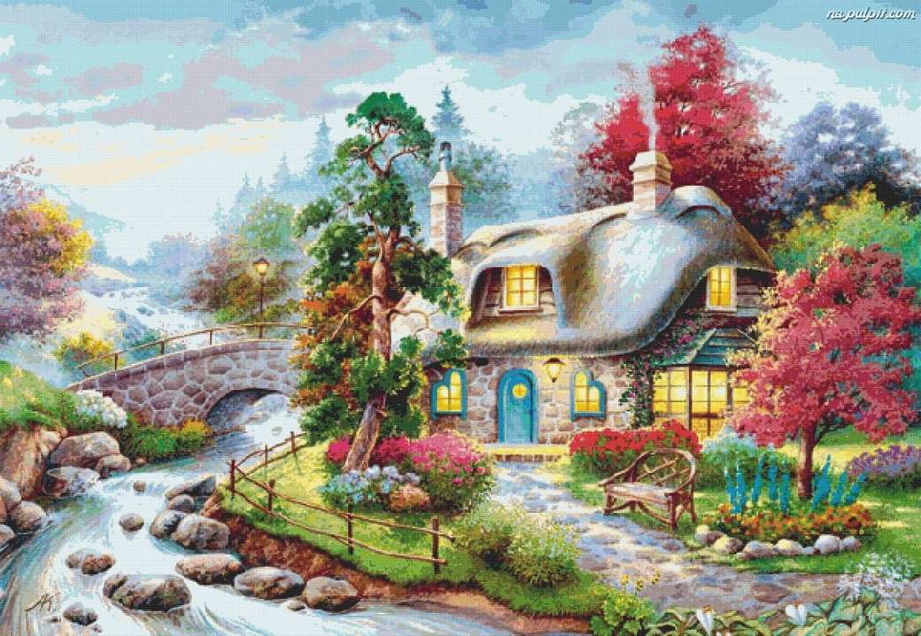krajobraz kolorowy- dom, rzeka z mostem puzzle online