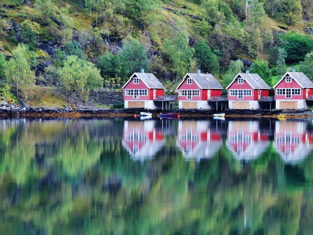 Płomień domy nad fiordami Norwegii puzzle online