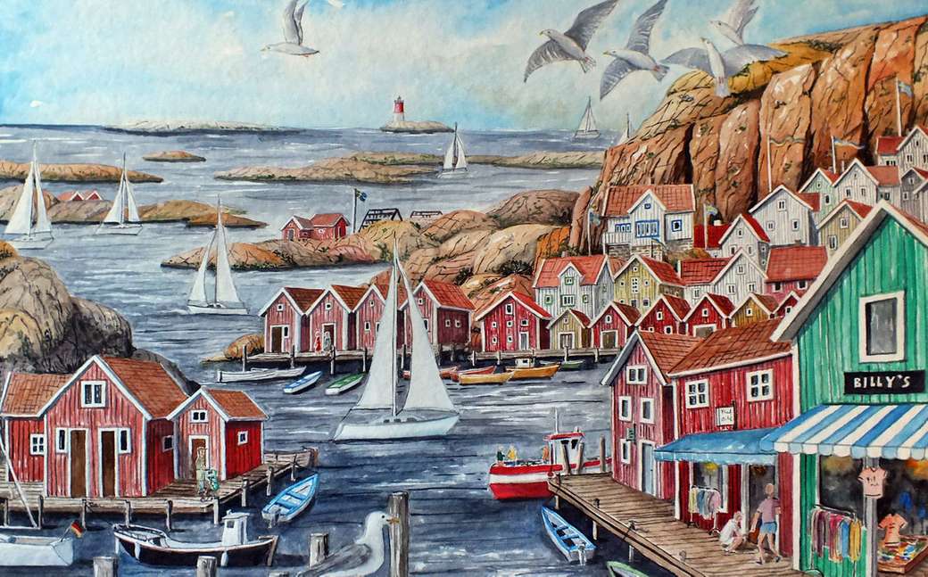 Skaergard Harbor Sweden Malarstwo puzzle online