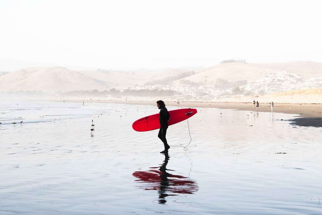osoba na zbiorniku wodnym przewożąca czerwoną deskę surfingową puzzle online