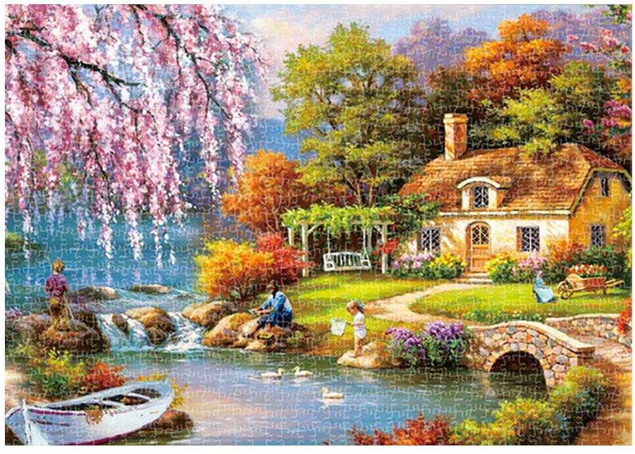 piękny krajobraz z domem nad jeziorem puzzle online