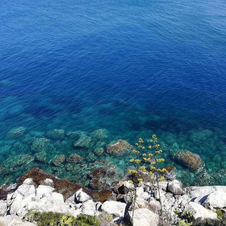 białe skały nad błękitnym morzem w ciągu dnia puzzle online