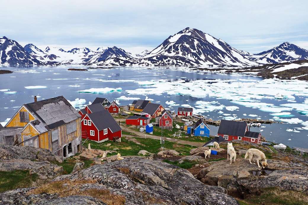 Kolorowe domy i psy zaprzęgowe na Grenlandii puzzle online
