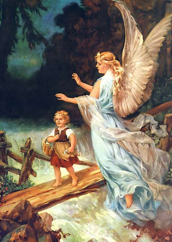 Obraz anioła stróża z dzieckiem na pniu drzewa puzzle online